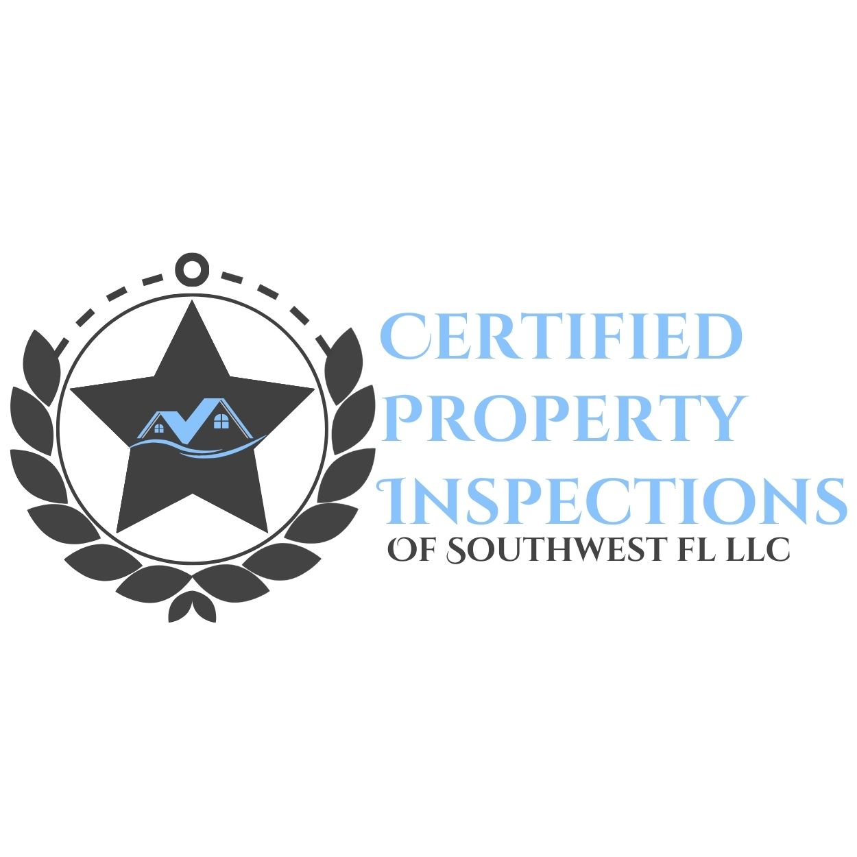 logo with a grey crest with blue house outlines in the middle and the words certified property inspections of swfl to the right of the crest.