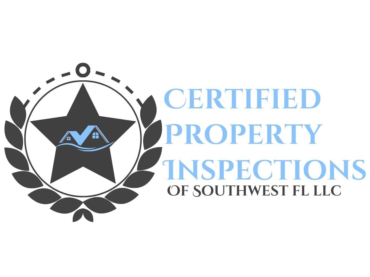 logo with a grey crest with blue house outlines in the middle and the words certified property inspections of swfl to the right of the crest.